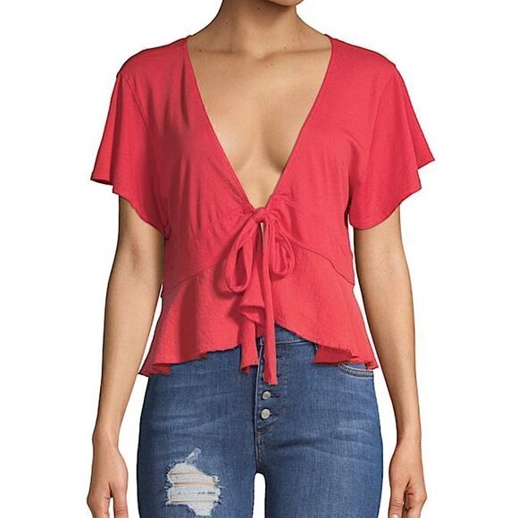 Free People We the Free Knot Me Red Tie-Front Crop Top - Picture 3 of 9